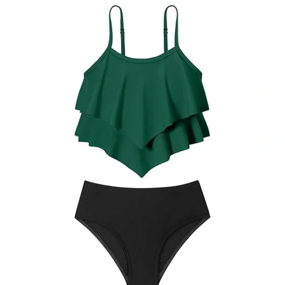 Two Piece Bikini Set Stripe Full Coverage Swimsuit Tummy Control Padded L - Picture 1 of 4